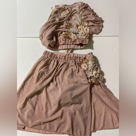 Glamour solo dance costume blush mauve rhinestone bling 2 piece stoned LC child - Picture 3 of 10
